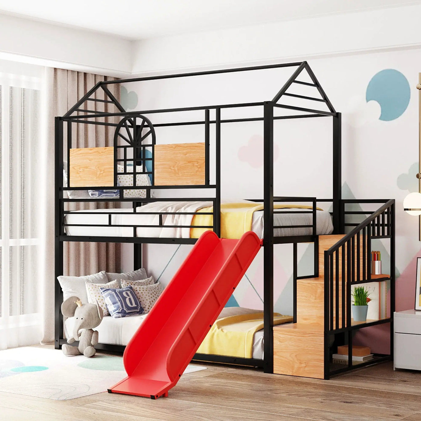 Metal Bunk Bed, Metal Housebed With Slide And Storage Stair by HouseOfZazla
