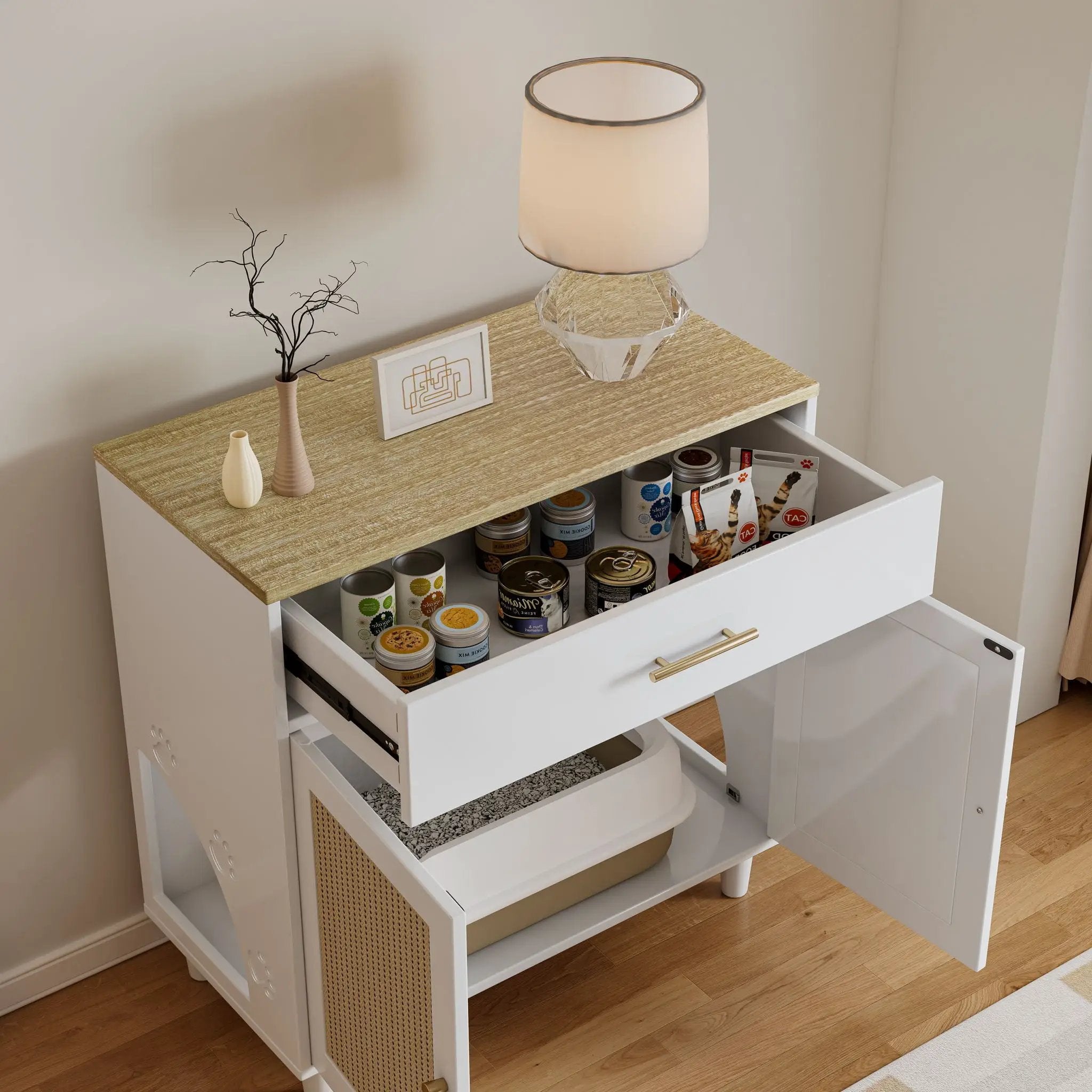 Cat Litter Box Enclosure With Scratch Pad, Hidden Litter Box Furniture, Wooden Pet House Sideboard, Storage Cabinet, Fit Most Cat And Litter Box, For Living Room Bedroom Office - White / Light Brown by HouseOfZazla