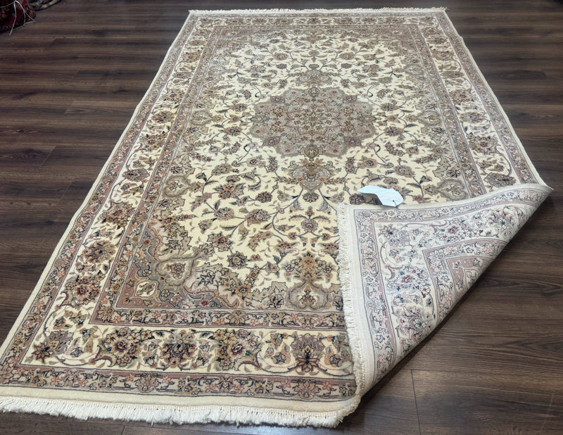 Sino Persian Rug 6x9, Floral Medallion, Ivory & Taupe, Wool with Silk Highlights, Fine 210 KPSI by Jewel Rugs