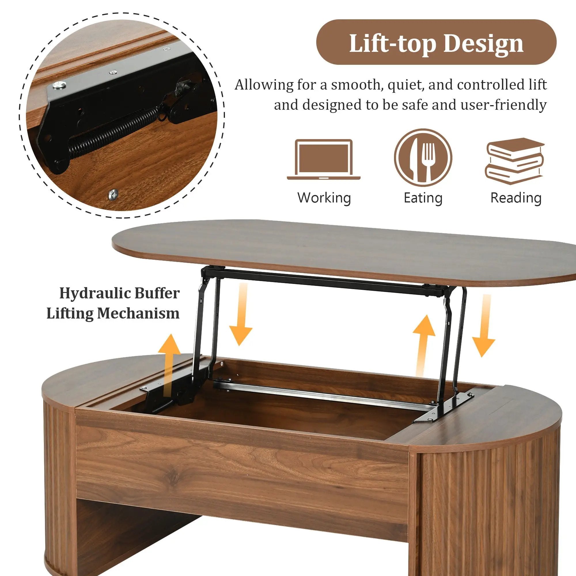 Lift Top Coffee Table With Hidden Compartment, Modern Oval Lift Tabletop For Home Living Room by HouseOfZazla