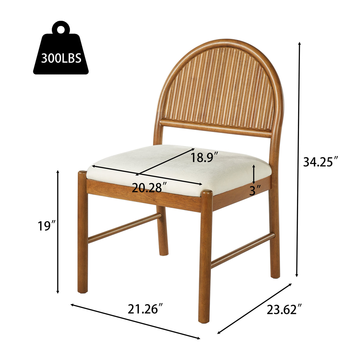 Rubber Wood Dining Chair with Fluted Backrest and Upholstered Seat - Beige, photo 5 of 10