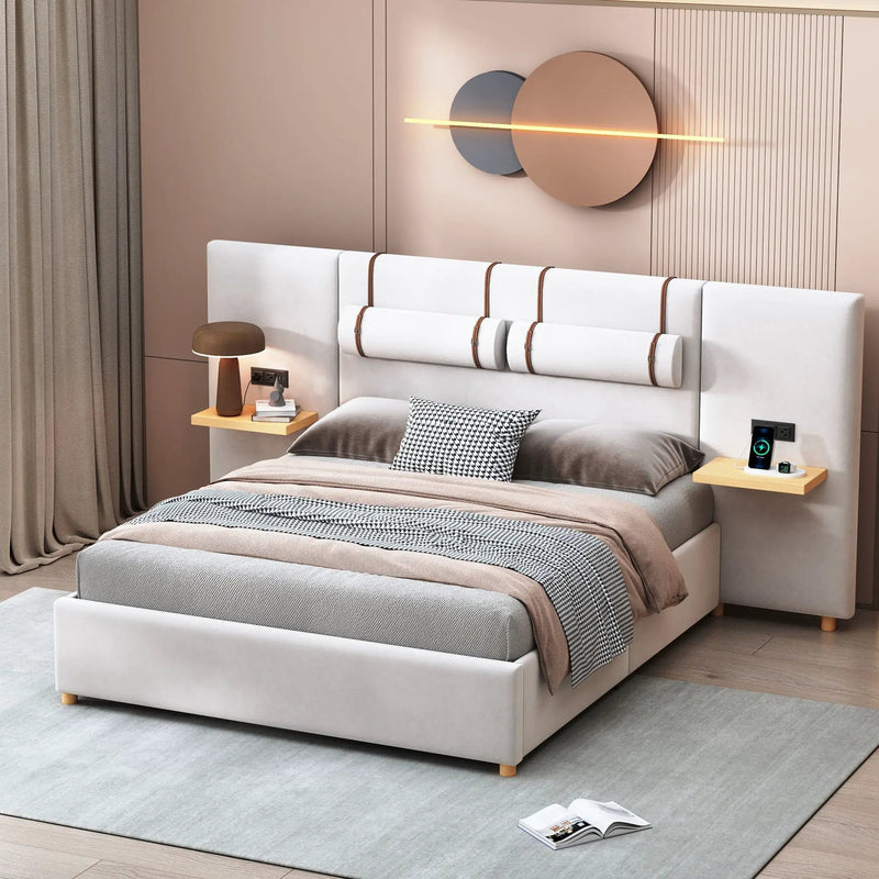 Upholstered Platform Bed, 2 Outlets And USB Charging Ports On Both Sides, 2 Bedside Pillows, Storage Shelves by Unique Piece Furniture