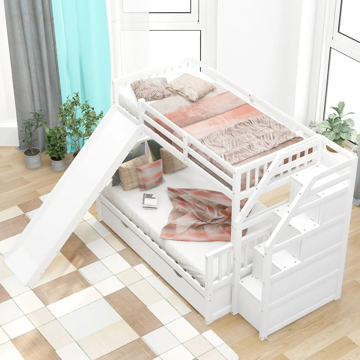Bunk Bed With Storage Staircase, Slide, Desk, Drawers, And Shelves by HouseOfZazla