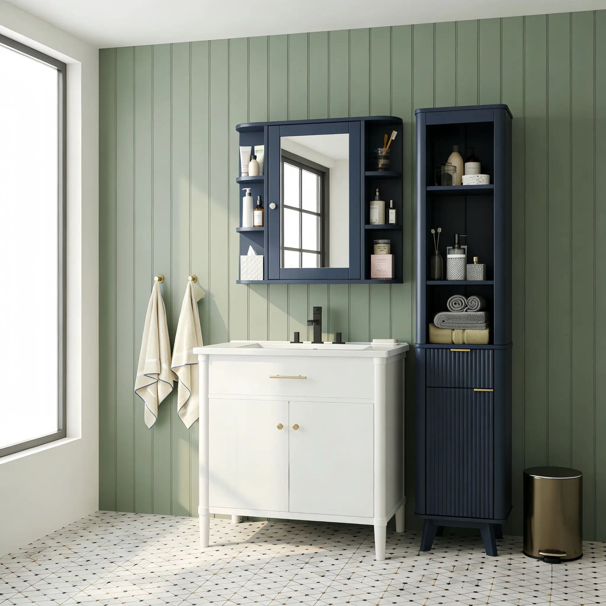 Bathroom Wall Storage Cabinet With Mirror And Adjustable Shelf, 6 Open Shelves by HouseOfZazla