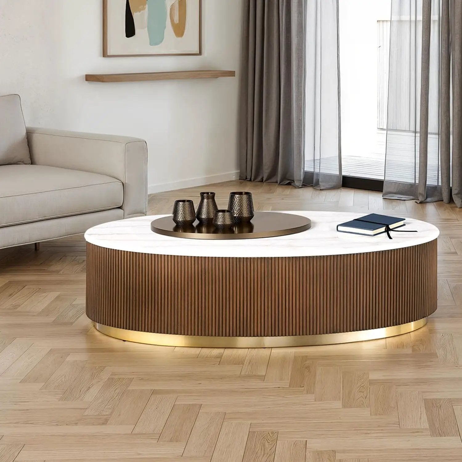 Oval Cocktail Table - Brown / Gold / White by HouseOfZazla