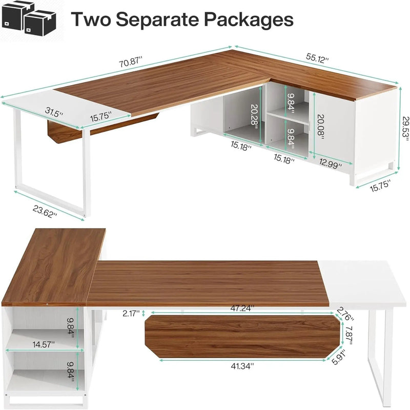 L-Shaped Executive Desk With File Cabinet, Large Workspace For Home Office - White / Walnut by HouseOfZazla