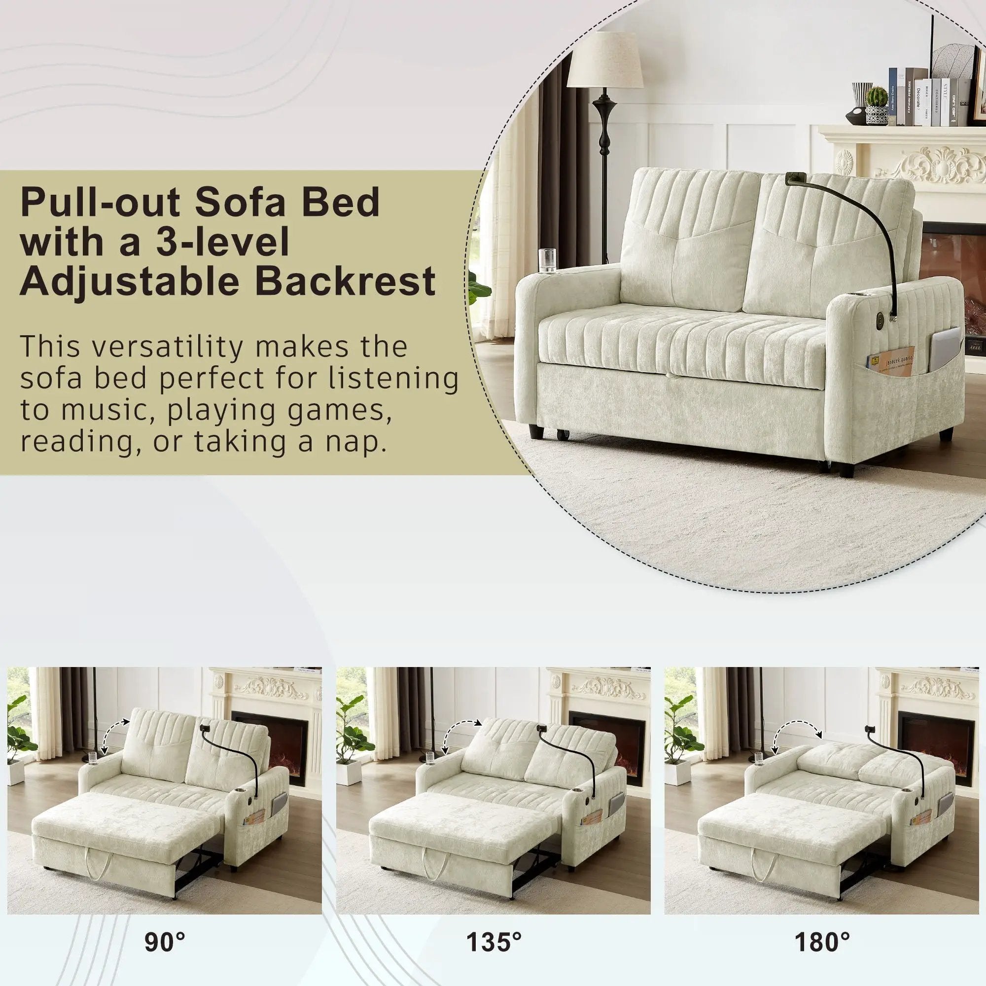 Modern Loveseat Pull Out Sofa Bed With Adjustable Backrest, Two Cup Holders, A Phone Holder, Three Charging Ports And Side Storage Pockets For Living Room by HouseOfZazla