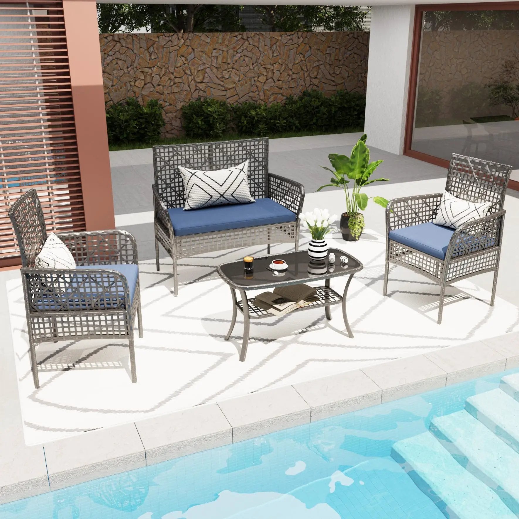 4 Pieces Rattan Wicker Chairs With Tempered Glass Table And Cushions by HouseOfZazla