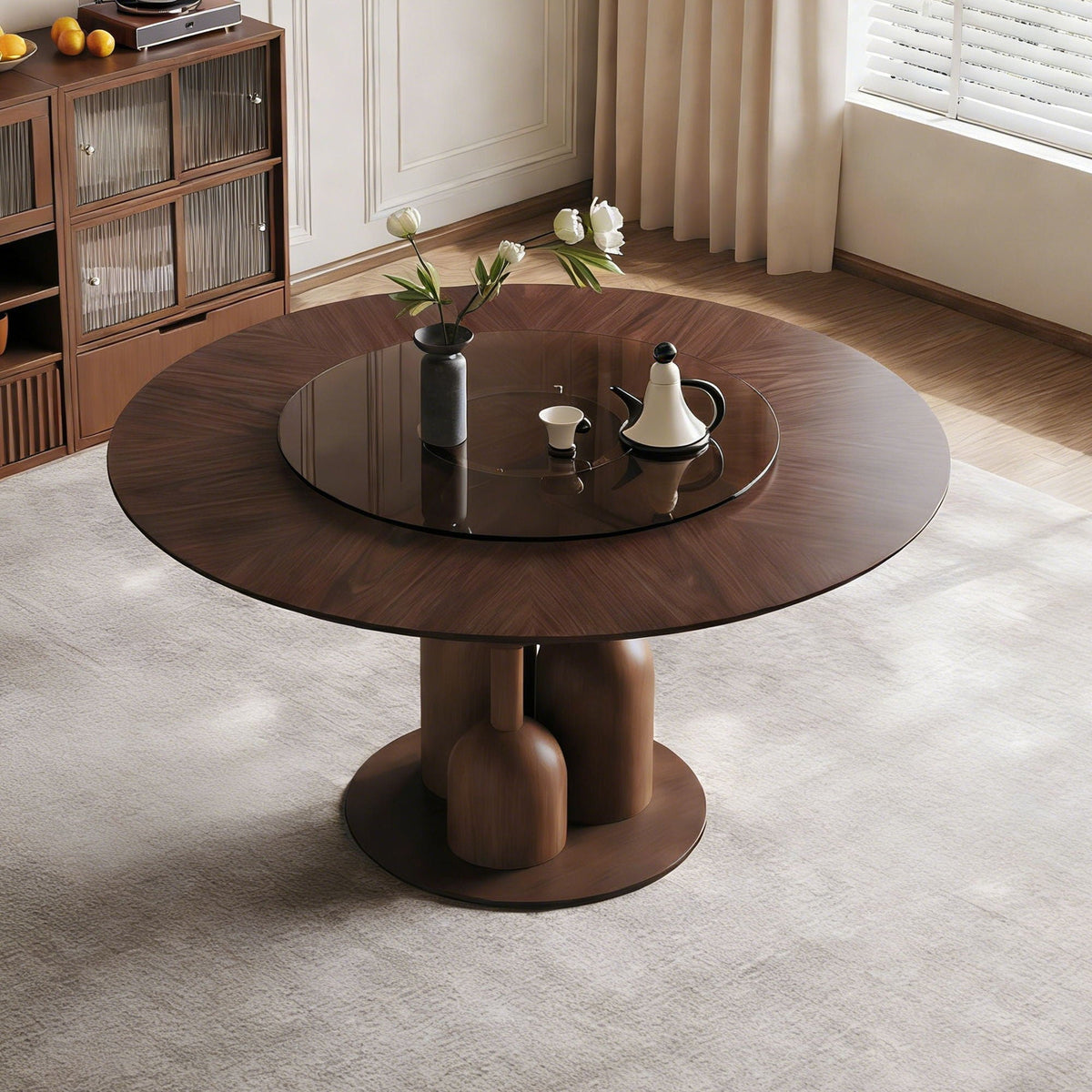 Round Walnut Dining Table with Glass Lazy Susan - Solid Oak, photo 4 of 4