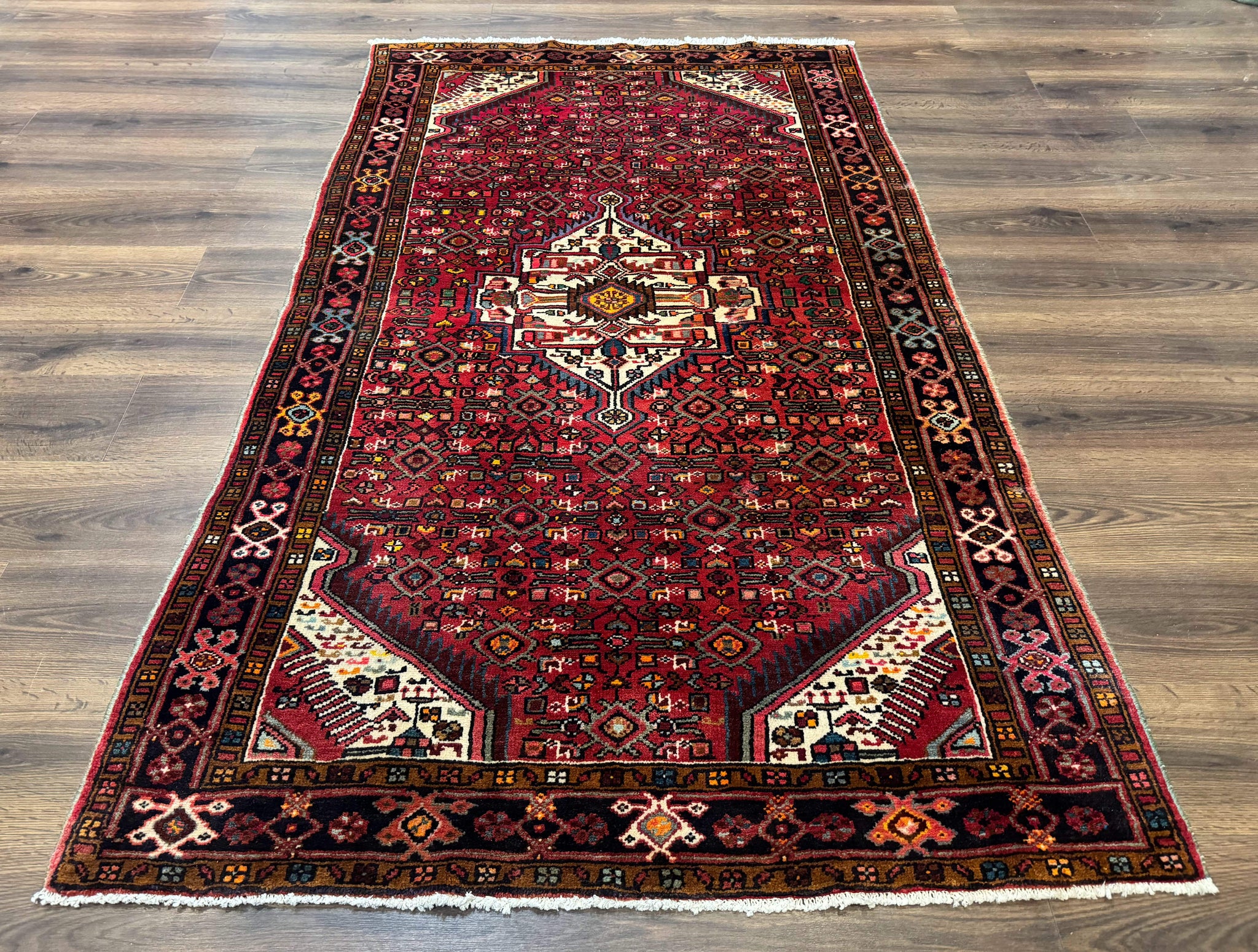 Persian Hamadan Rug 4x7, Tribal Village Malayer Carpet, Red and Ivory, Bohemian Antique by Jewel Rugs