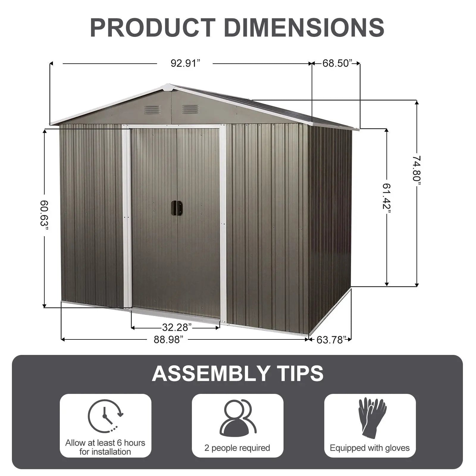 8Ft x 6Ft Outdoor Metal Storage Shed With Floor Base (SKU: W540S00012) - Gray by HouseOfZazla