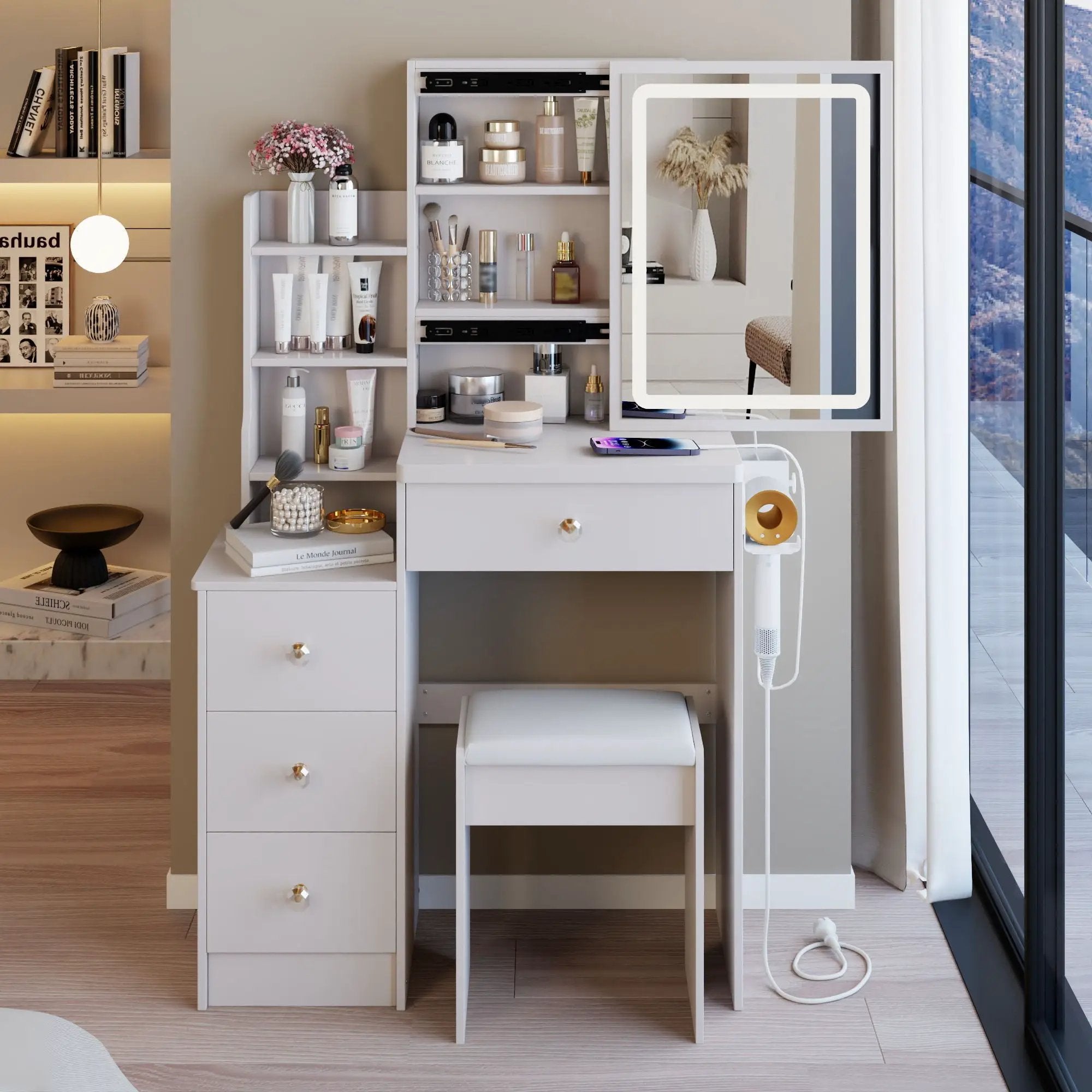 Cabinet Vanity Table & Cushioned Stool, USB Power Station, Hair Dryer Bracket - White by HouseOfZazla
