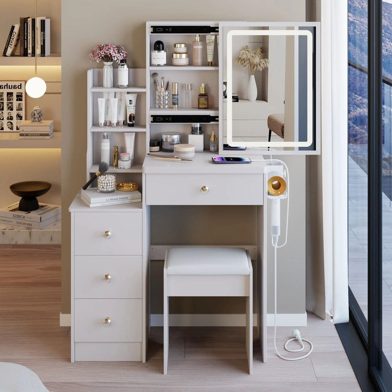 Cabinet Vanity Table & Cushioned Stool, USB Power Station, Hair Dryer Bracket - White by HouseOfZazla