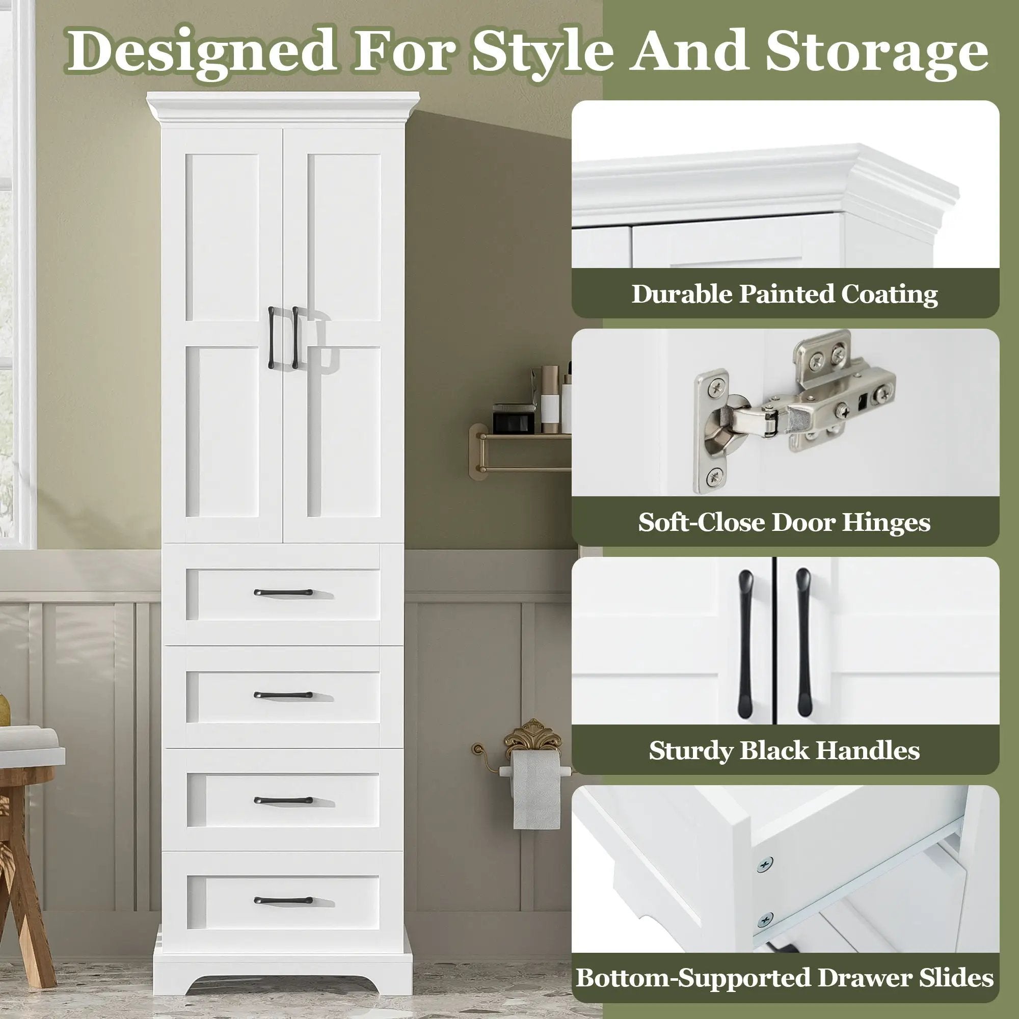 Bathroom Vanity With 2 Damping Hinge Doors, 3 Drawers, Adjustable Shelves - White by Unique Piece Furniture