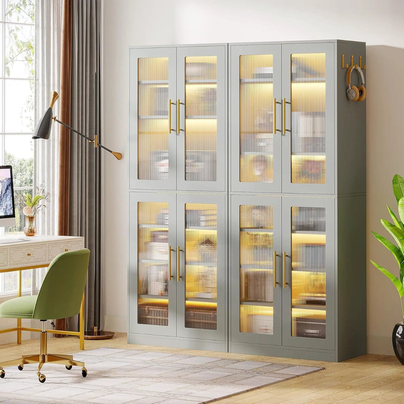 Bookcase With Doors And LED Lighting, 8 Adjustable Shelves Storage Cabinet by HouseOfZazla