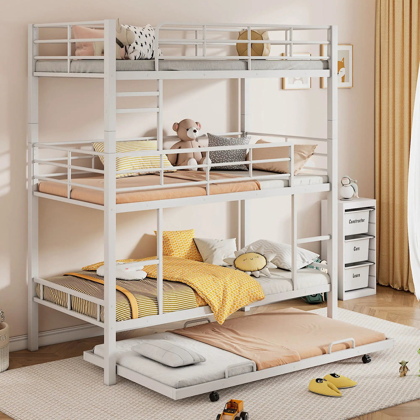Triple Bunk Bed With Trundle, Heavy Duty Steel Construction by HouseOfZazla