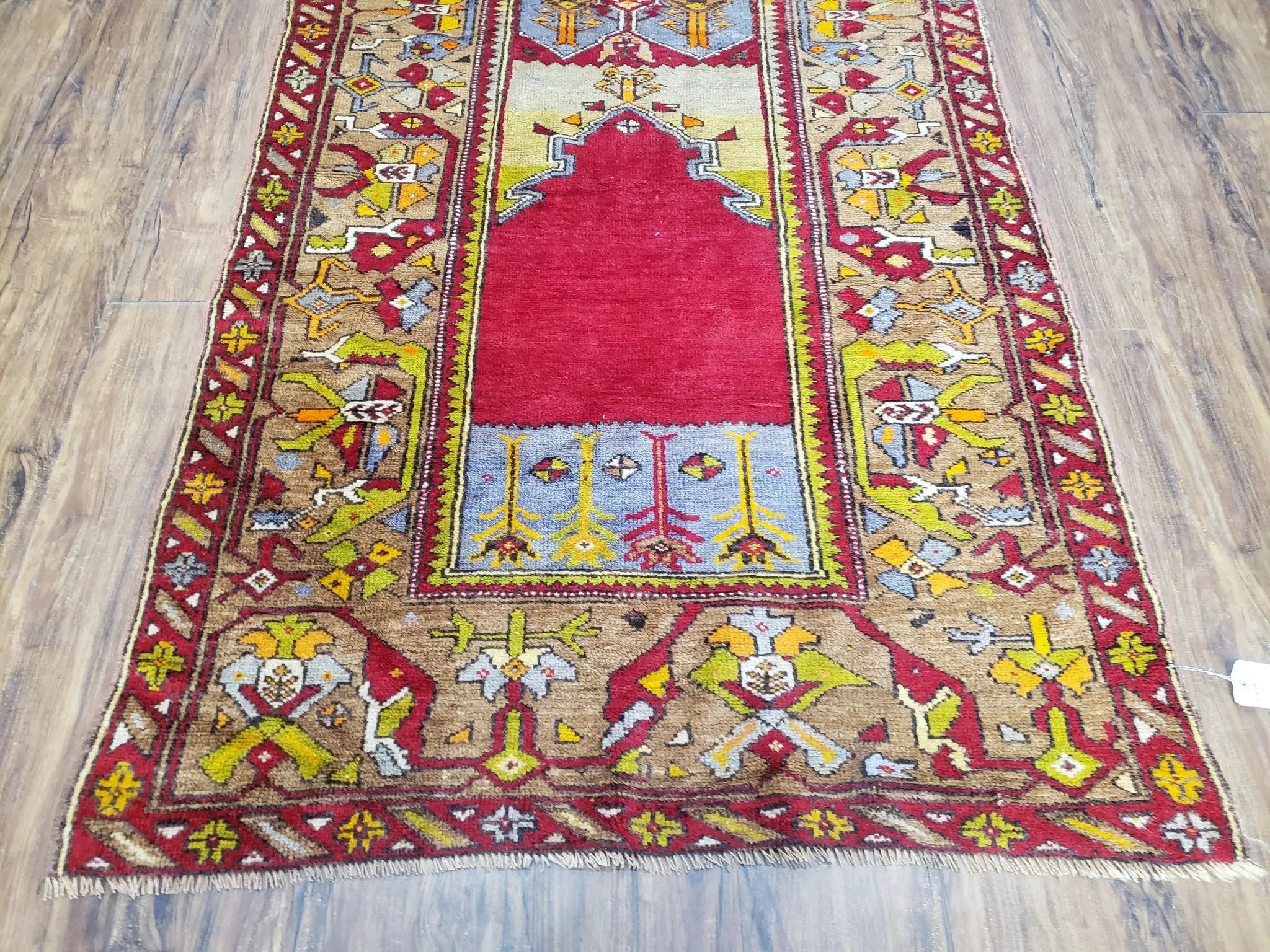 Antique Turkish Prayer Rug 3.8 x 5ft, Colorful Prayer Rug, Red Blue Gold Multicolor Turkish Anatolian Carpet, Handmade Hand-Knotted, Wool by Jewel Rugs