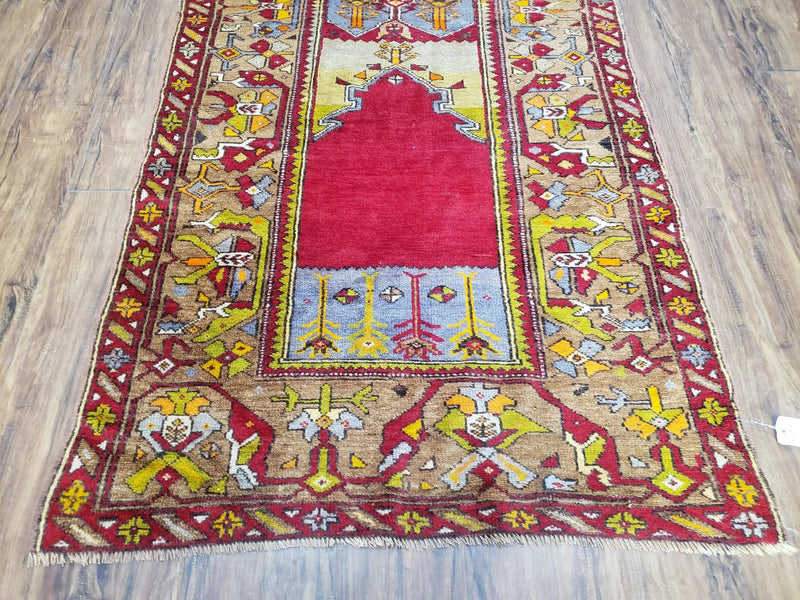 Antique Turkish Prayer Rug 3.8 x 5ft, Colorful Prayer Rug, Red Blue Gold Multicolor Turkish Anatolian Carpet, Handmade Hand-Knotted, Wool by Jewel Rugs