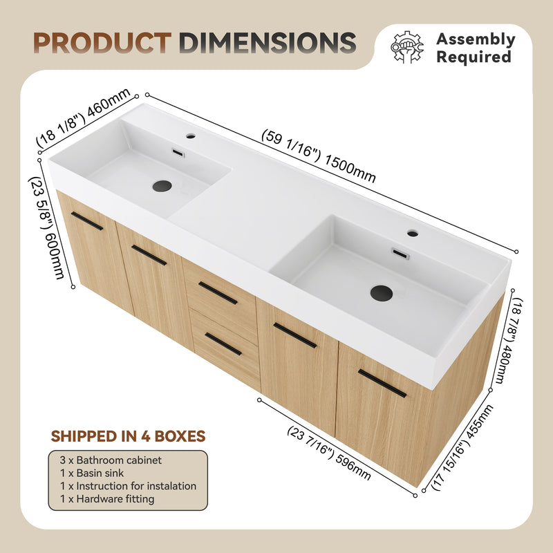 60" Floating Double Sink Bathroom Vanity with Drawers and Doors by HouseOfZazla