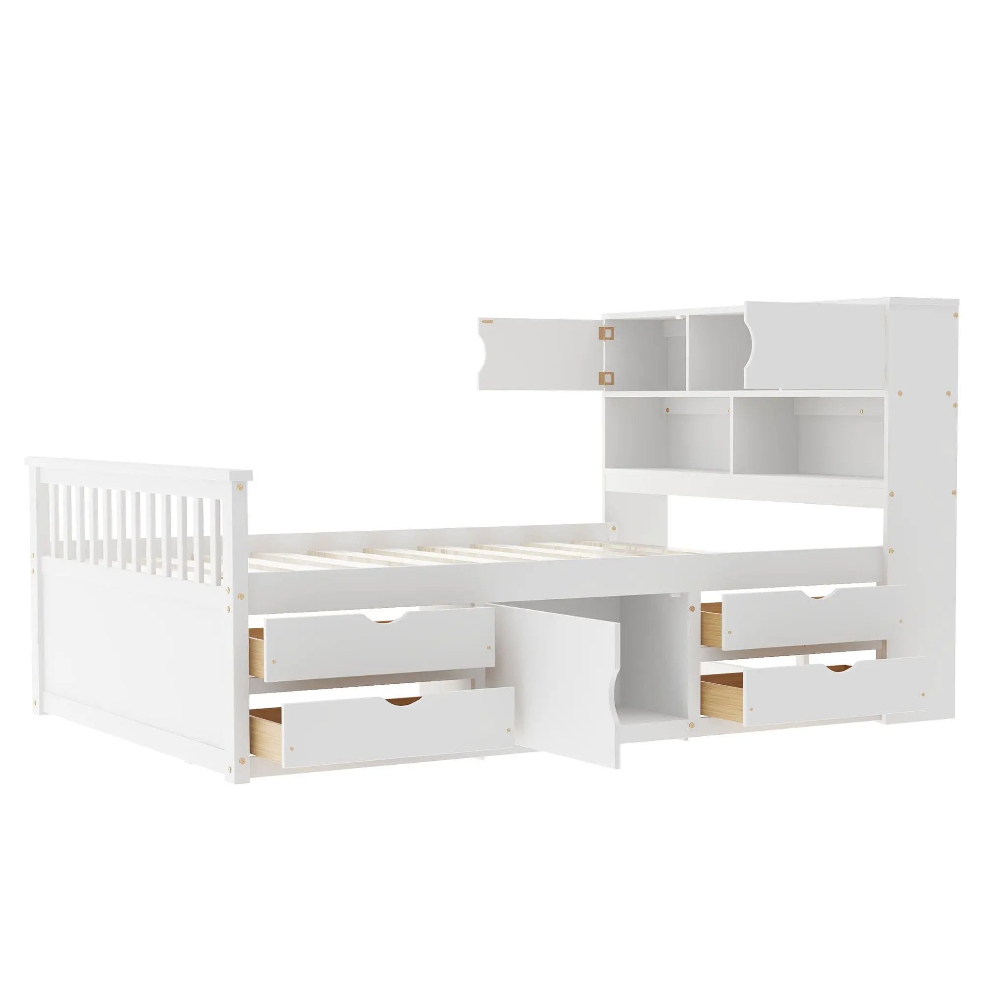 Captain Platform Bed Frame With Bookcase Headboard, 4 Drawers, Storage Shelves by Unique Piece Furniture