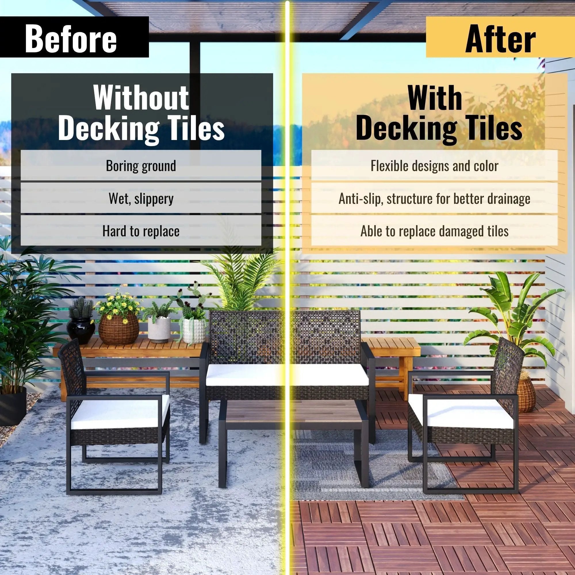 Interlocking Deck Tiles Striped Pattern, Square Acacia Hardwood Outdoor Flooring For Patio, Bancony, Pool Side by HouseOfZazla