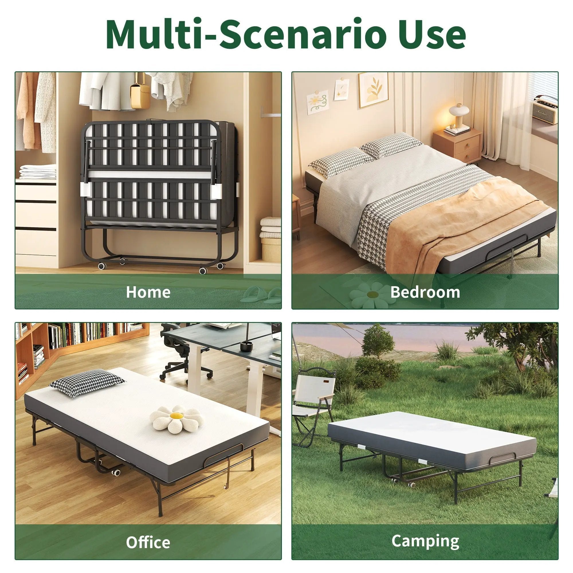 Twin Wide Folding Bed For Tall People, Extra Long & Wide Rollaway With Memory Foam, Heavy-Duty - Black by HouseOfZazla