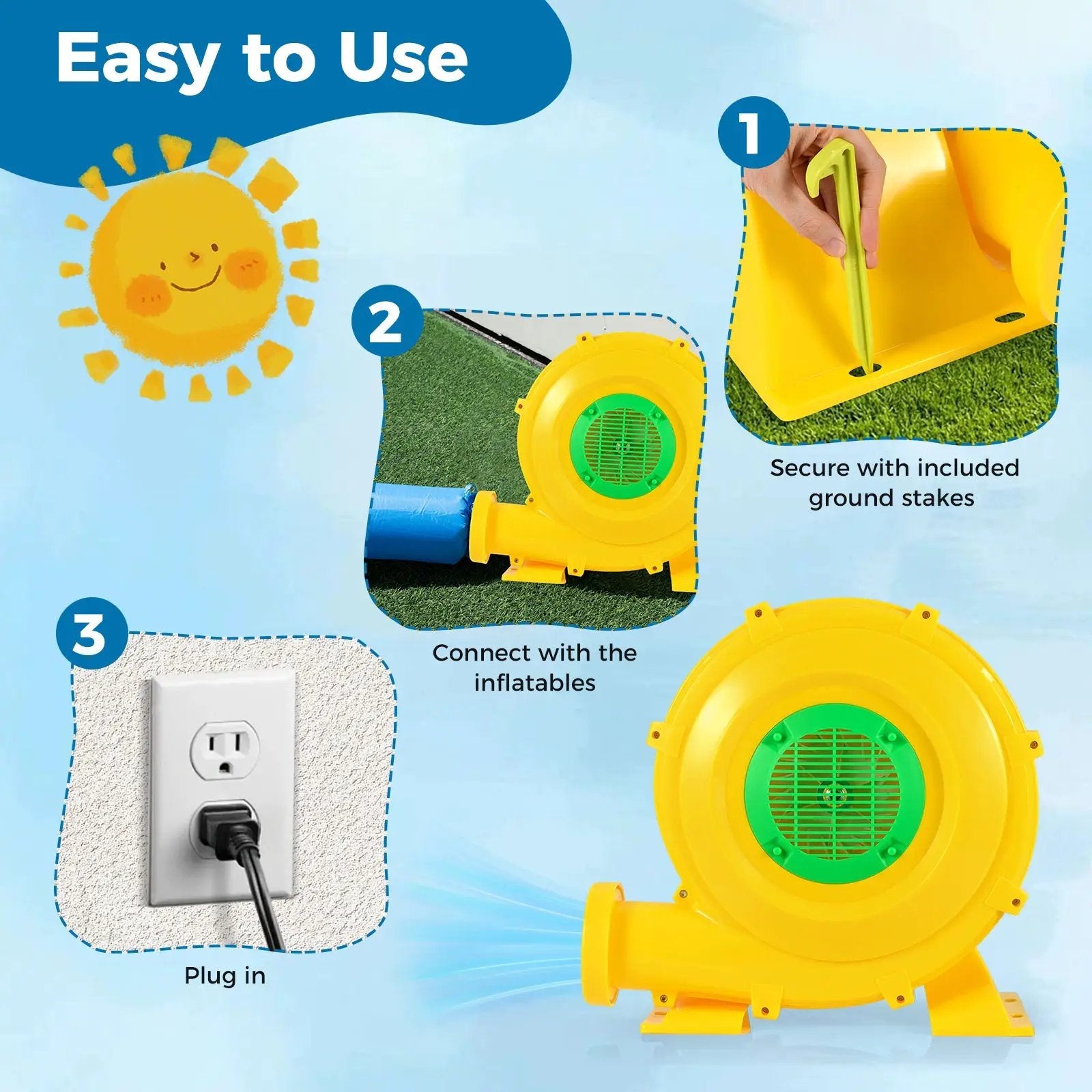 980W Bounce House Blower 1.31 HP Portable Air Pump Fan with Handle and Ground Stakes by DirectDeals