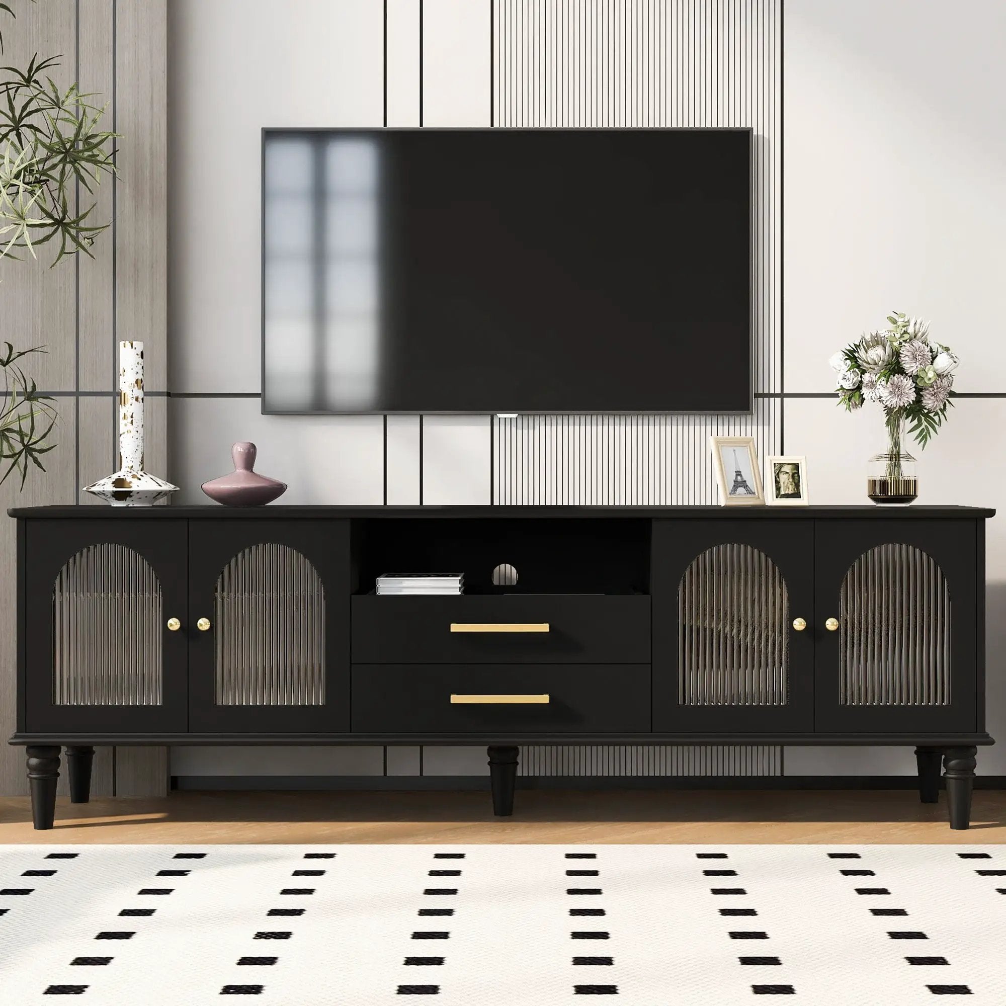 TV Stand For TVs Up To 75", Entertainment Center Media Console For Living Room - Black by HouseOfZazla