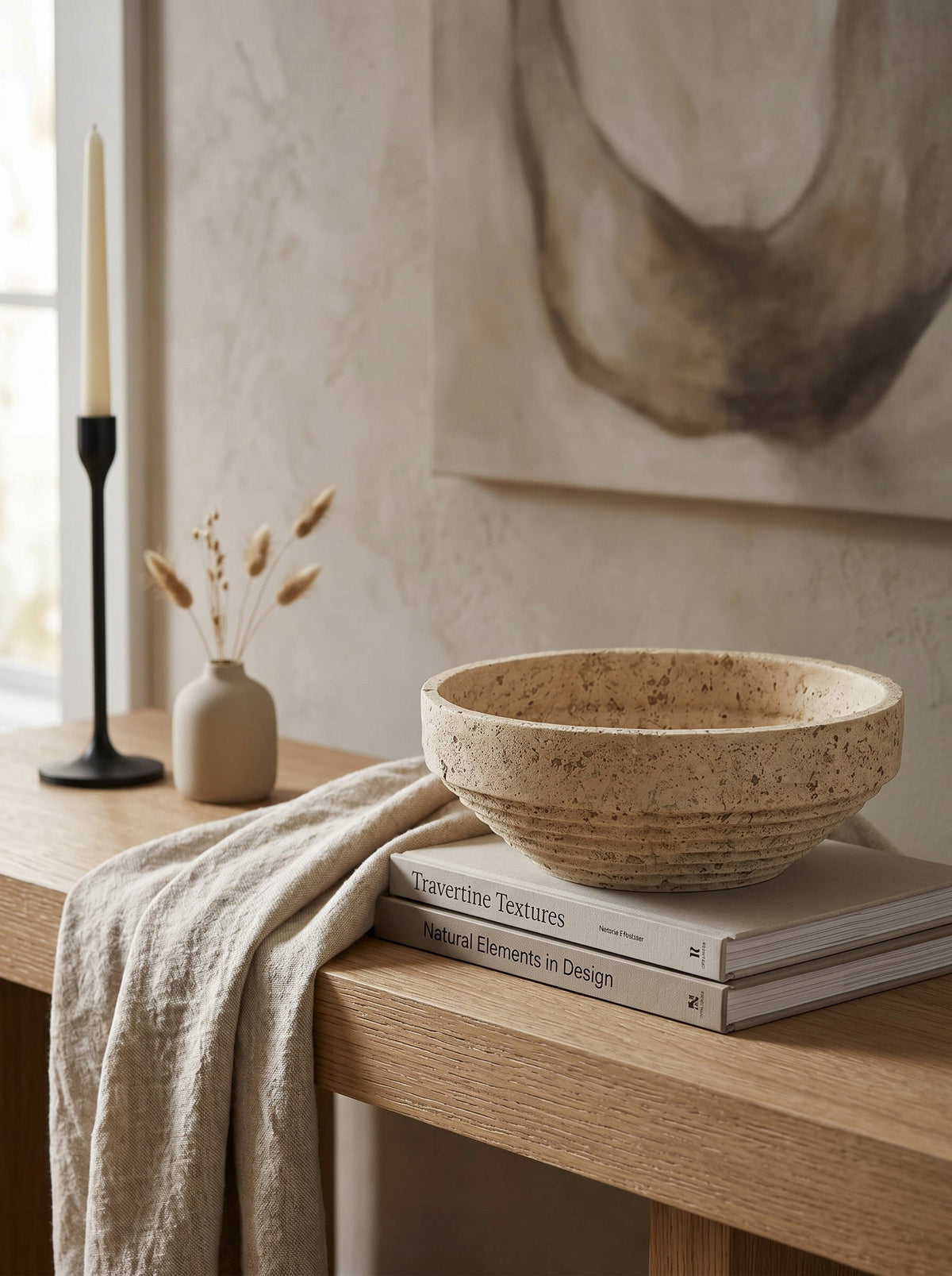 Cement Ribbed Decorative Bowl with Tiered Base - Cement