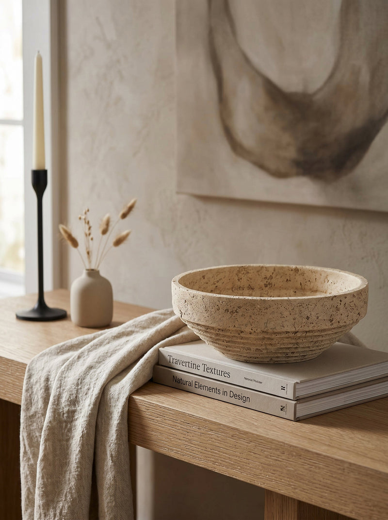 Cement Ribbed Decorative Bowl with Tiered Base - Cement
