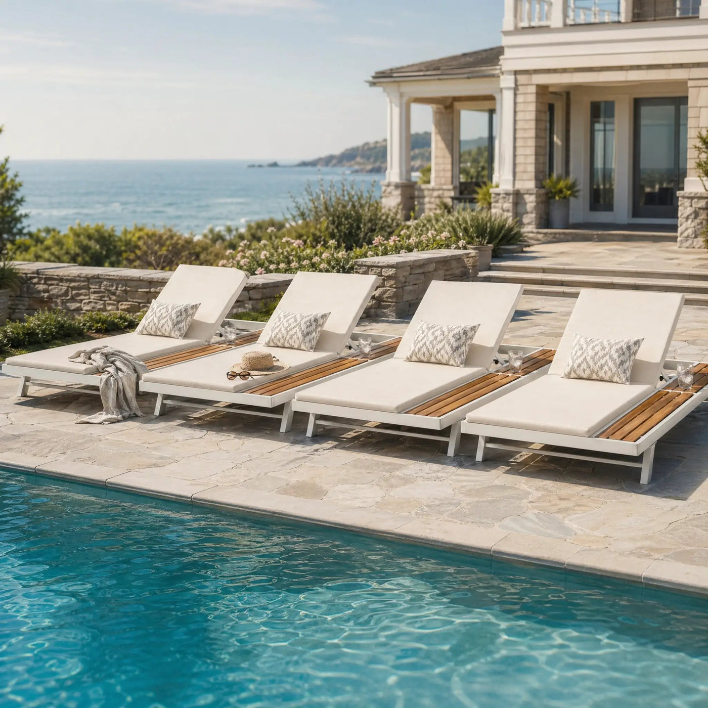 White Iron + Teak Finish Outdoor Chaise Lounge Set by HouseOfZazla