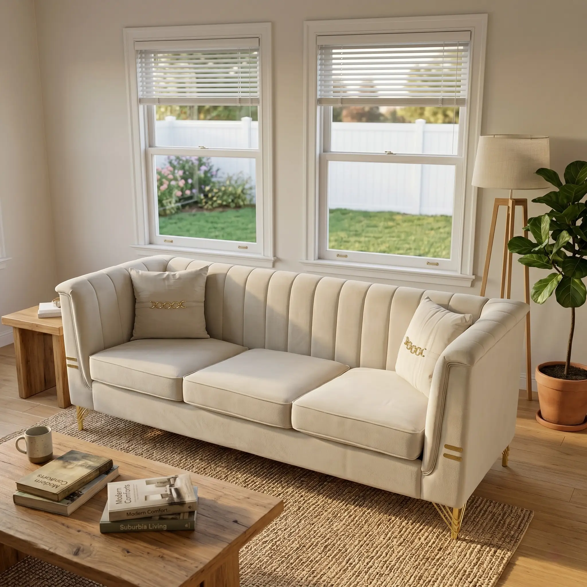 FX-P82-BE3 Modern Velvet 3-Seater Chesterfield Sofa with 2 Pillows by HouseOfZazla
