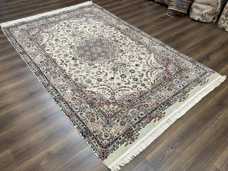 Beautiful Pak Persian Rug 6x9, Floral Medallion, Wool and Silk, Highly Detailed Elegant Carpet, Vintage Oriental Rug 6 x 9, Cream and Gray by Jewel Rugs