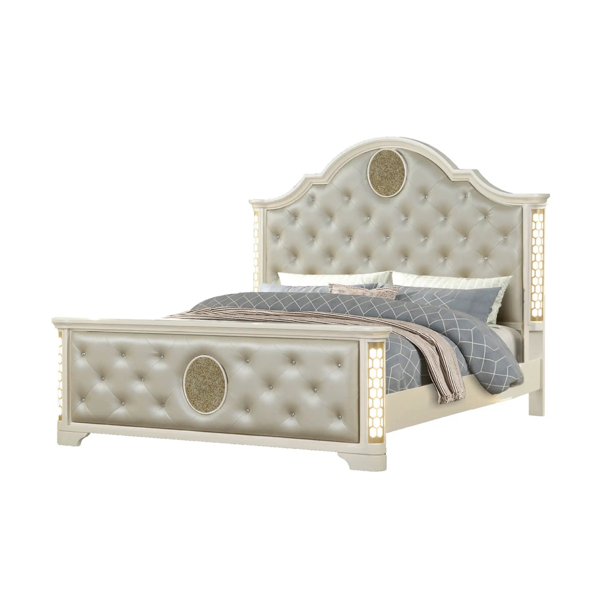 Jasmine - Queen Size Tufted Upholstery & LED Bed - Beige by HouseOfZazla