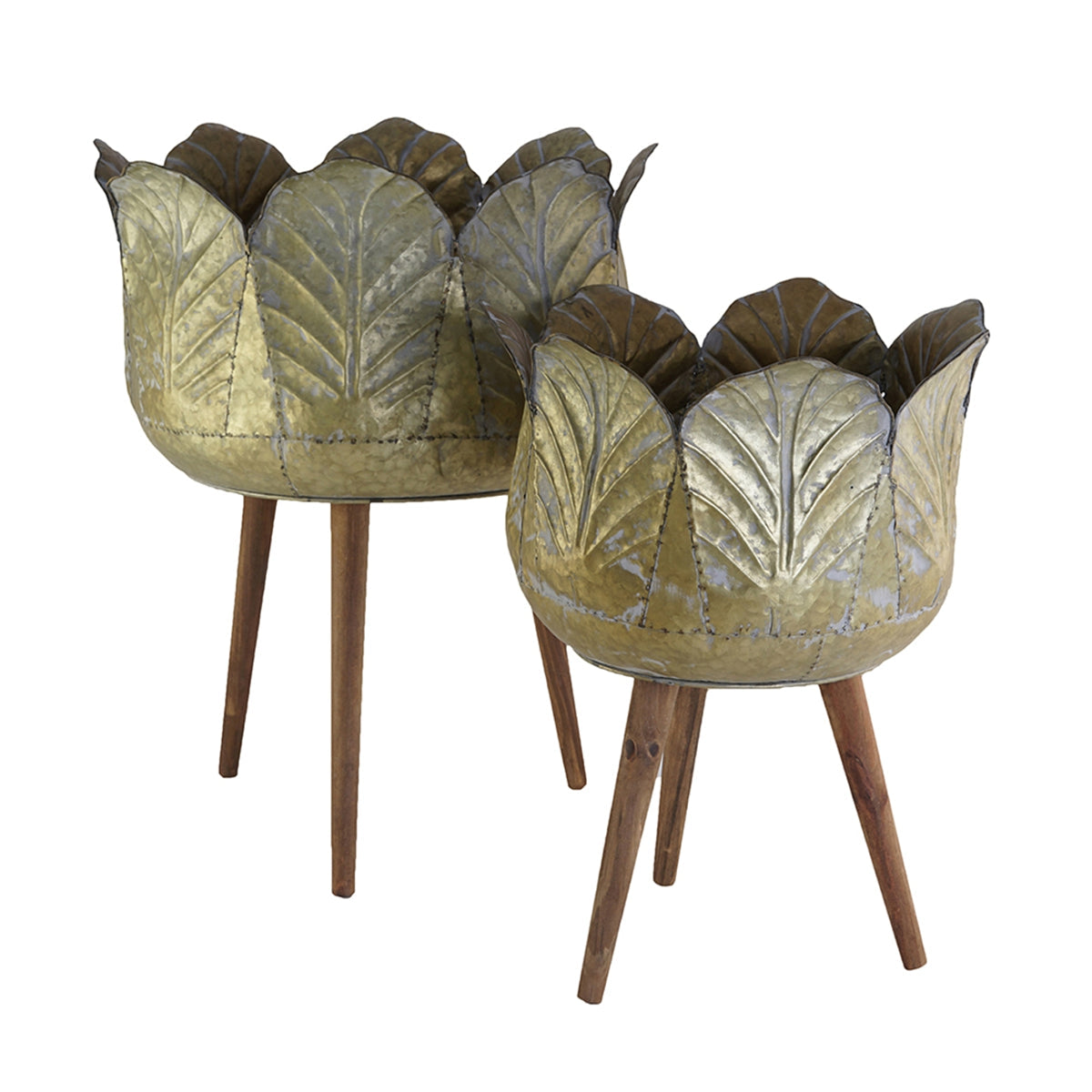 Set of 2 Metal Planters with Solid Wood Legs Stand - Natural Zinc, photo 2 of 10