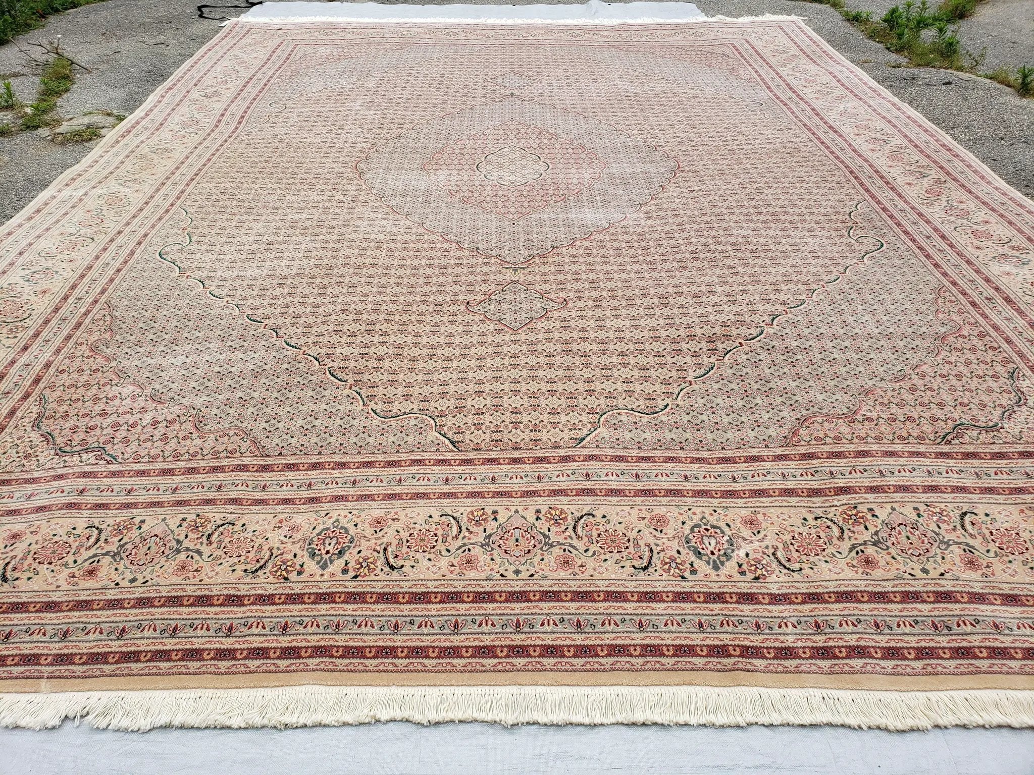 Stunning Oversized Pak Persian Oriental Rug 12x15, Hand Knotted Wool & Silk Palace Sized Carpet, Mahi Pattern, Very Fine, Peach Beige, Wow by Jewel Rugs
