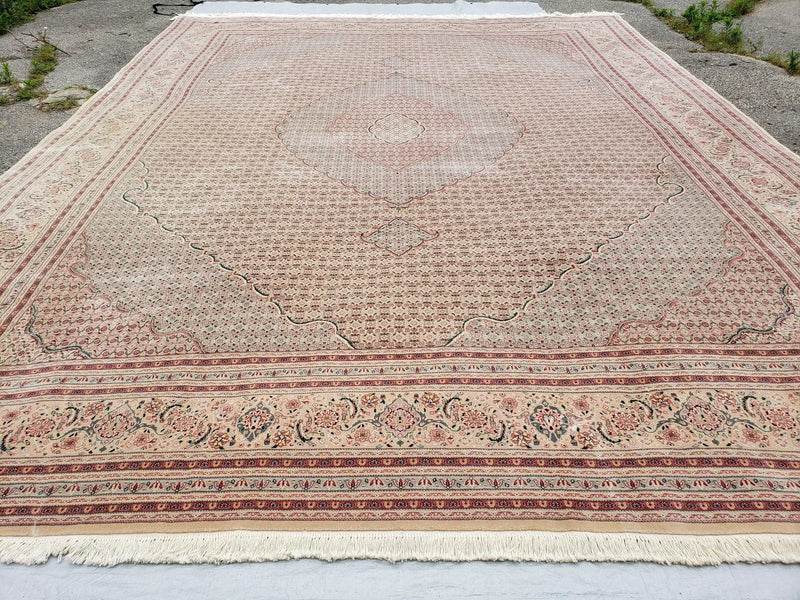 Stunning Oversized Pak Persian Oriental Rug 12x15, Hand Knotted Wool & Silk Palace Sized Carpet, Mahi Pattern, Very Fine, Peach Beige, Wow by Jewel Rugs