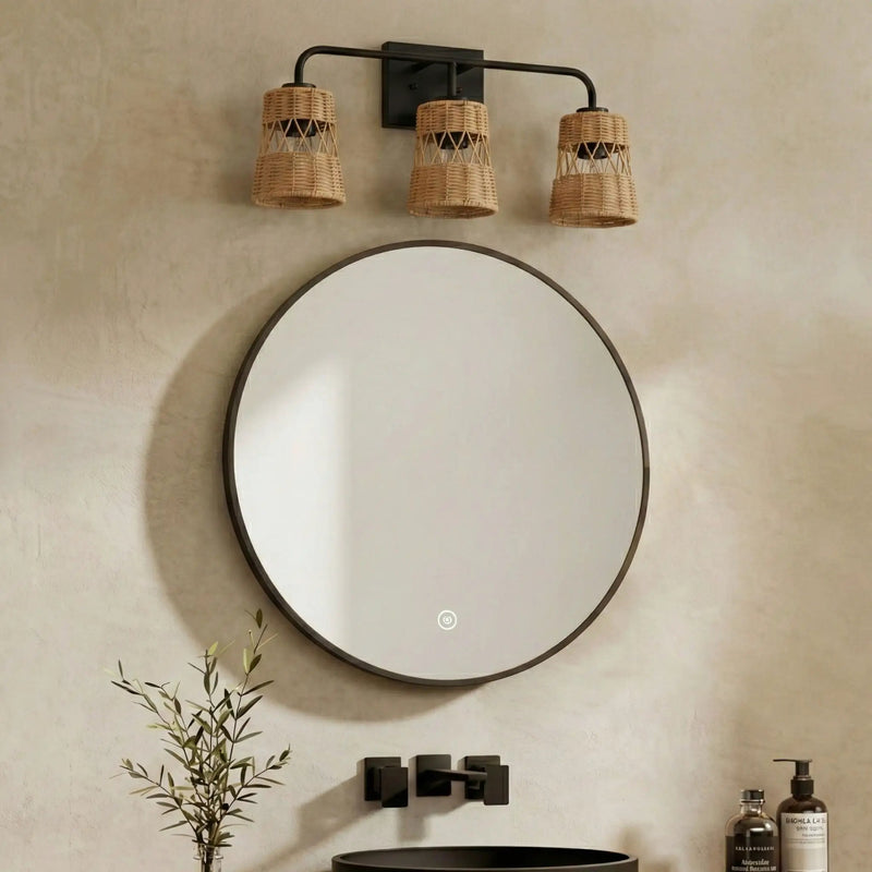 Moonlit - 3 Lights Wall Sconce With Shade, Bathroom Lighting Fixtures Over Mirror - Black / Rattan by HouseOfZazla