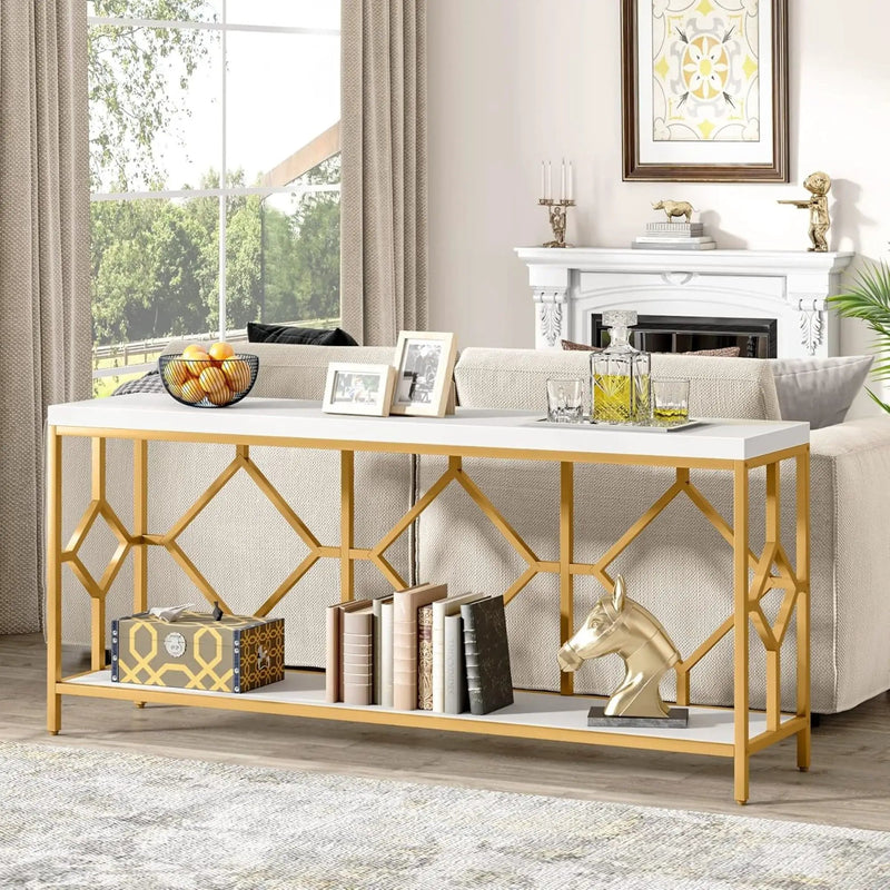Extra Long Sofa Table With Diamond Pattern Frame, 2 Tier Open Storage For Living Room - White / Gold by HouseOfZazla