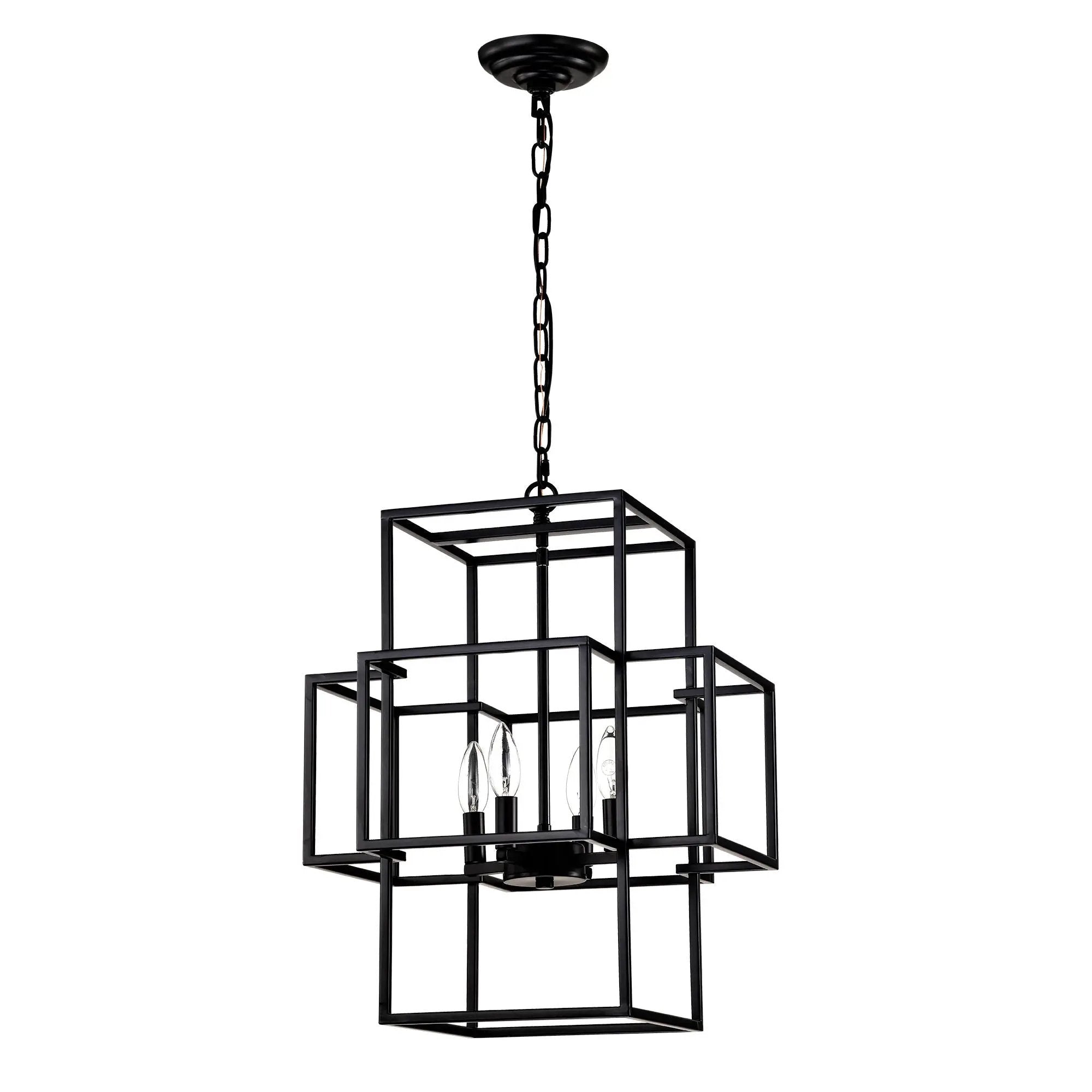 4 Light Metal Lantern Tiered Pendant Hanging Light Fixtures, Industrial Farmhouse Adjustable Height Chandeliers For Dining Room Hallway Foyer Entryway (E12 Bulbs Not Included) by HouseOfZazla