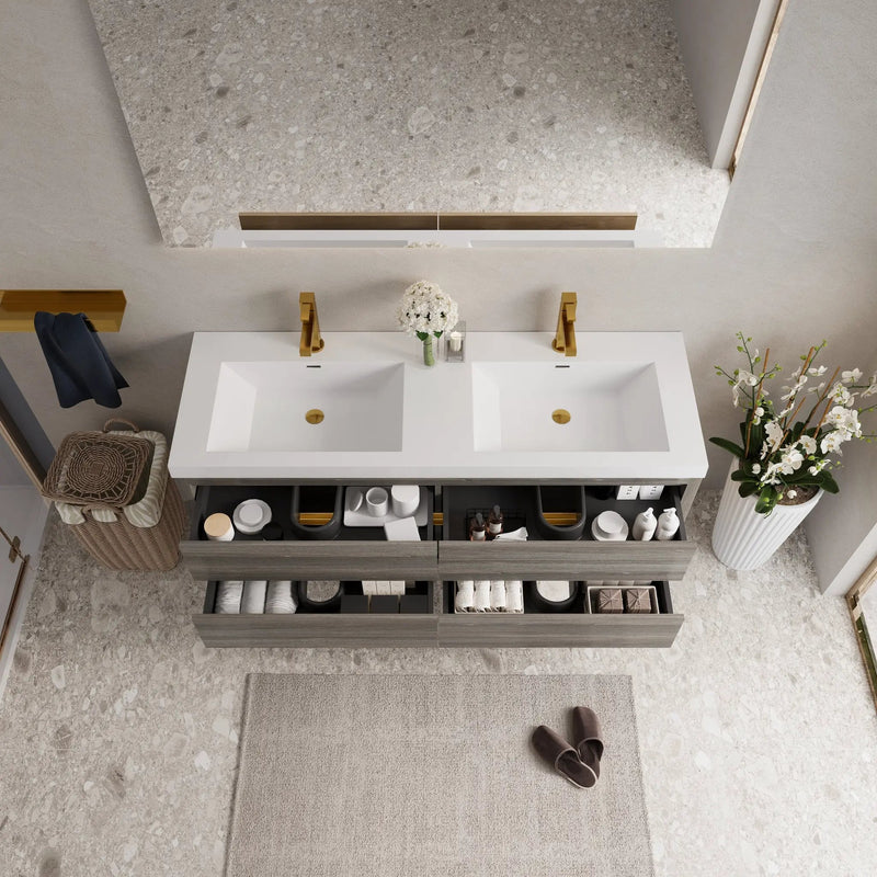 60" Wall-Mounted Bathroom Vanity with Double Sinks and Floating Storage by HouseOfZazla
