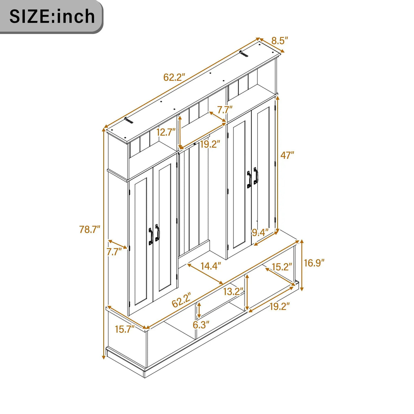 Entryway Hall Tree With Bench, 3 Top Cubbies & Bottom Storage Space by HouseOfZazla