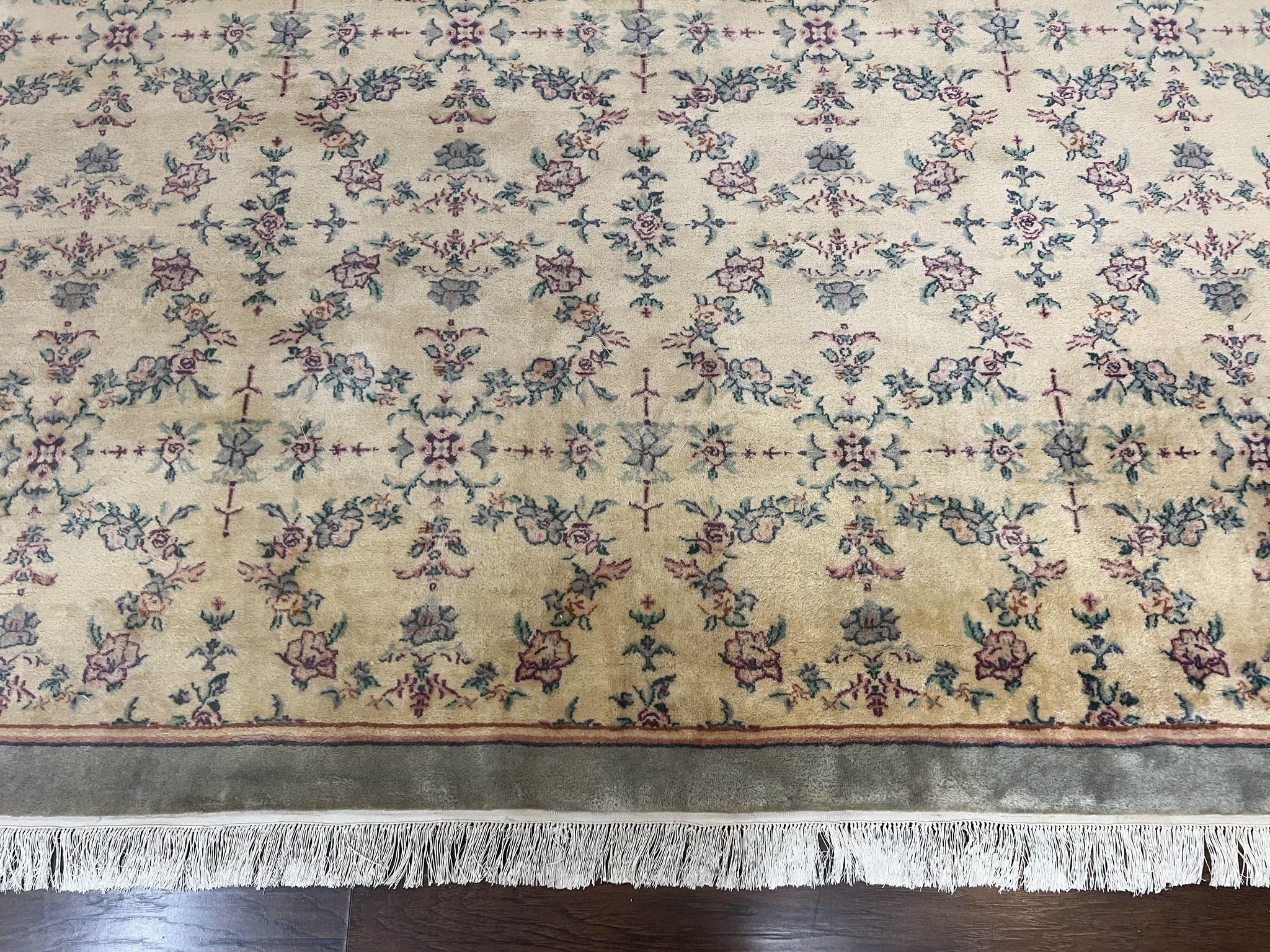 Sino Persian Rug 8x10, Floral, Oatmeal and Light Teal, Handmade Wool Vintage Carpet by Jewel Rugs