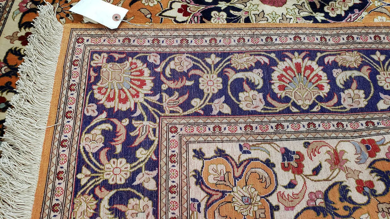 Vintage Persian Qum Silk Rug 4.6 x 6.7, Burnt Orange and Navy Blue, Antique Oriental Very Fine Signature Master Weaver 350+ KPSI Ghom Qom 5x7 Rug by Jewel Rugs