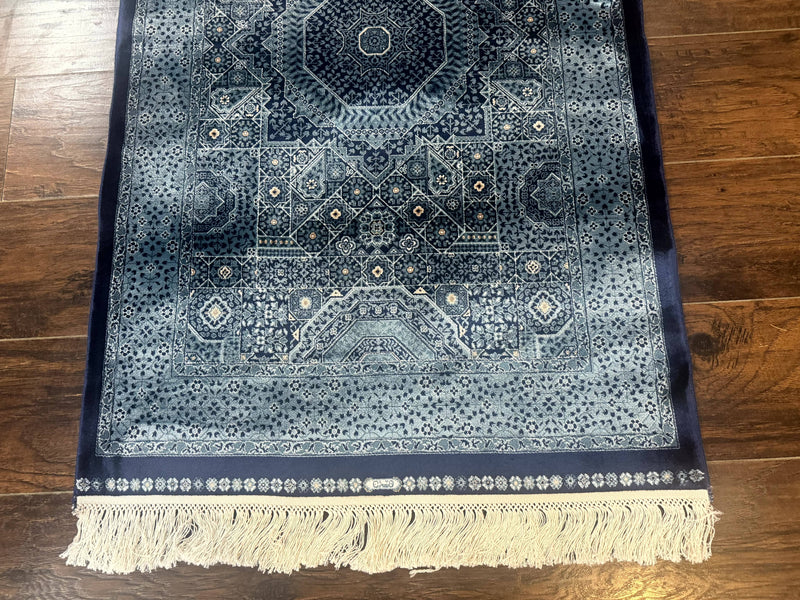 Blue Turkish Silk Hereke Rug 2.6 x 4, Mamluk Red, Blue, Bamboo Silk by Jewel Rugs