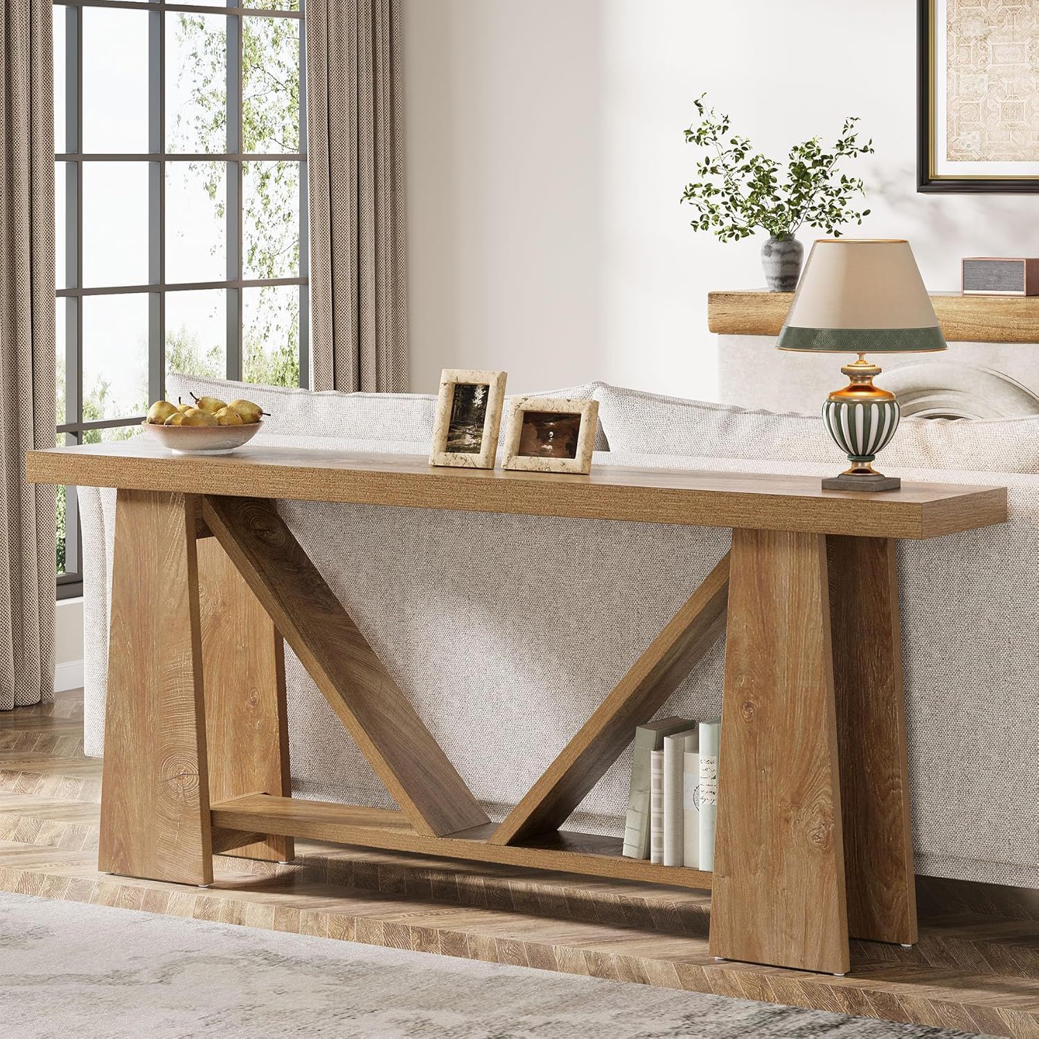 Slim 2 Tier Entryway Accent Extra Long Console Table For Living Room - Natural / Light Brown by HouseOfZazla