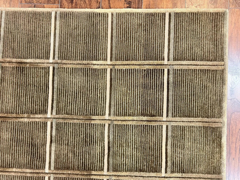 Tibetan Rug 4x6, Green Wool Handmade Area Rug 4 x 6, Panel Design, Modern Contemporary by Jewel Rugs