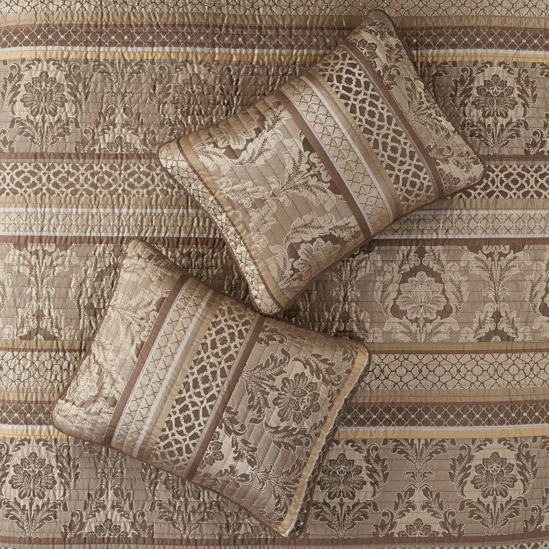 6 Piece Jacquard Quilt Set with Throw Pillows – Brown/Gold King/Cal King by HouseOfZazla