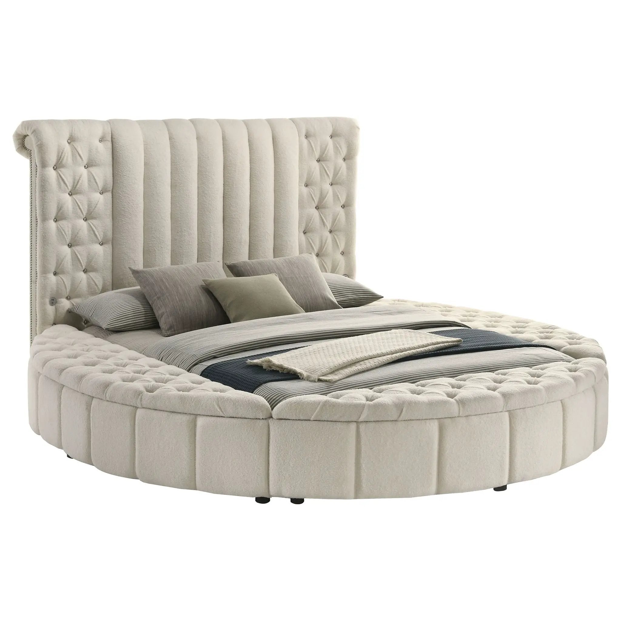 Sonya Upholstered Queen Round Storage Bed Ivory by Unique Piece Furniture