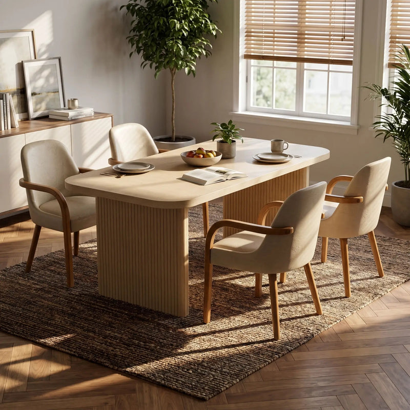 5 Piece Indoor Dining Set, 68.75" Dining Table & 4 Khaki PU Dining Chairs by HouseOfZazla